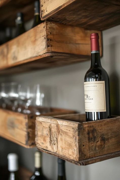 "Elevate your space with Upcycled Wine Crate Shelving! 🍷🛠️ Perfect for stylish and functional storage solutions. 🌿✨ #DIYHomeProjects #RusticShelves #UpcyclingInspiration" Wine Boxes Decor, Antique Bottle Storage, Wine Crate Decor, Crates On Wall, Wine Box Shelves, Crate Shelving, Crate Decor, Wine Boxes, Crate Shelves