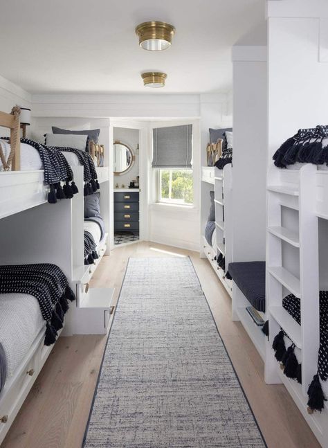 Lake House Bunk Rooms, Beach House Bunk Room, Built In Bunk Beds, Bunk Room Ideas, White Beadboard, Bunk Bed Rooms, Boy Bed, Modern Farmhouse Cottage, Bedroom Upstairs