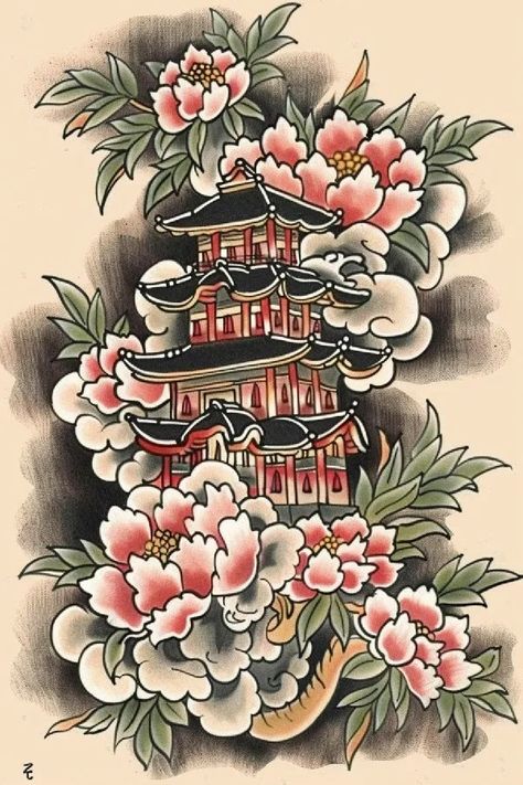 Tattoo idea: tattoo sketch Castle growing out of a cloud. Japanese Houses Tattoo, Japanese Clouds Tattoos, Japanese Castle Tattoo, Japanese Tower Tattoo, Houses Tattoo, Tattoo Cherry Blossoms, Sketch Castle, Japanese Clouds, Tattoo Cherry