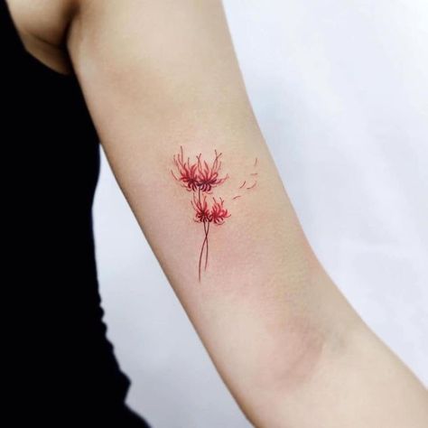 Red Anime Flower Tattoo, Red Dandelion Tattoo, Spider Lilly Tatoos, Higanbana Tattoo, Red Spider Lily Tattoo, Star Tattoo On Shoulder, Spider Lily Tattoo, Red Flower Tattoos, Lillies Tattoo