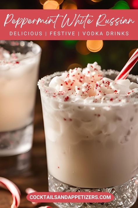 This White Russian with Peppermint is a creamy cocktail perfect for Christmas party drinks. Made with Kahlua and Peppermint Schnapps, cream and crushed candy canes. A perfectly delightful mixed drink to enjoy while winter entertaining, as Fall drinks, or winter cocktails. Drinks With Peppermint Vodka, Drinks Alcohol Recipes Winter, Christmas Vodka Drinks, Peppermint White Russian, Fun Christmas Cocktails, White Russian Drink, Christmas Cocktails Vodka, Christmas Vodka, Peppermint Cocktail