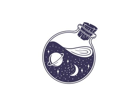 Space bottle by Tanya Nikulina on Dribbble Universe In A Bottle Tattoo, Aesthetic Space Tattoo, Galaxy In A Bottle Drawing, Space In A Bottle Tattoo, Galaxy In A Bottle Tattoo, Aesthetic Space Drawings, Space Related Drawings, Cool Space Drawings, Space Doodles Easy