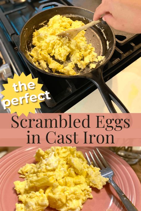 The Best Scrambled Eggs in Cast Iron Without Sticking! | scrambled eggs | fluffy scrambled eggs | fluffy scrambled eggs the secret | secret to fluffy scrambled eggs | scrambled eggs in cast iron | scrambled eggs in cast iron skillet | scrambled eggs cast iron skillet | how to cook an egg in cast iron | how to cook eggs in cast iron skillet | how to cook scrambled eggs cast iron skillet Eggs In Cast Iron Skillet, Best Scrambled Eggs, Biscuits From Scratch, Venison Burgers, Fluffy Scrambled Eggs, Easy Egg Recipes, Fluffy Eggs, Over Easy Eggs, Cast Iron Recipes