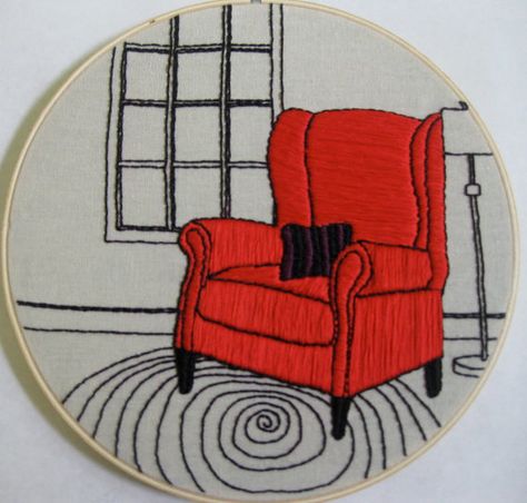 with One Enormous Chair pdf pattern Chair Embroidery, Appliqué Embroidery, Goodnight Moon, Cozy Furniture, Red Chair, Embroidery Works, Black Lines, Modern Embroidery, Embroidery Hoop Art