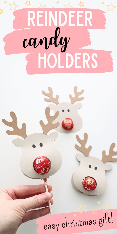 Christmas Diy Reindeer, Candy Gift Christmas, Christmas Treats For Gifts Diy Ideas, Christmas Treats For Gifts Kids, Sell Christmas Crafts, Cute Candy Gifts For Christmas, Easy Christmas Candy Crafts, Christmas Lollipops Diy, Christmas Lollies Ideas