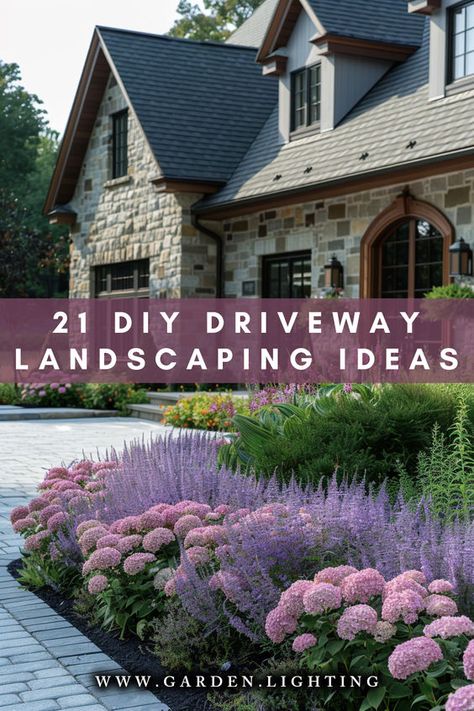 Revamp your driveway with these 21 landscaping ideas! Transform your entrance with lush greenery, elegant pathways, and captivating features 🌿🏡. Driveway Island Ideas, Landscape Circular Driveway, Lining Driveway Ideas, Landscape In Front Of Garage, Plant Lined Driveway, Landscaping At End Of Driveway, Low Maintenance Driveway Landscaping, Landscape Near Driveway, Along Driveway Landscaping