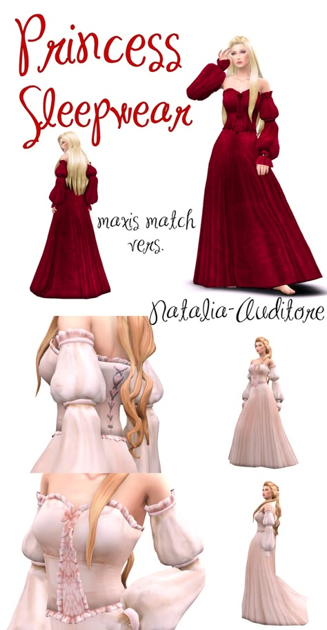 Princess sleepwear Maxis Match version | Natalia-Auditore on Patreon Sims 4 Cc Sleepwear, Princess Sleepwear, Sims 4 Medieval, 4 Princess, Sims Medieval, Royal Clothes, Sims 4 Cas Mods, Pelo Sims, Medieval Clothes