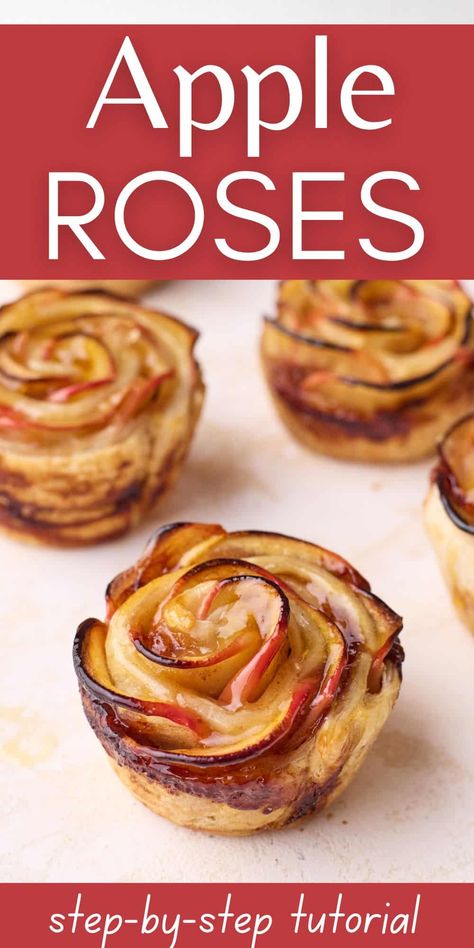 This easy apple roses recipe shows you how to make beautiful rose-shaped pastries with puff pastry, red apples and cinnamon sugar. Step by step tutorial with pictures to show you how to easily make this impressive dessert recipe which is the perfect holiday dessert or as a gift for Valentine's Day or Mother's Day. Make these gorgeous apple roses puff pastry recipe today! Apple Roses Puff Pastry, Apple Roses Recipe, Baked Apple Roses, Impressive Dessert, Puff Pastry Recipe, Apple Pastry, Apples And Cinnamon, Apple Puff Pastry, Impressive Desserts