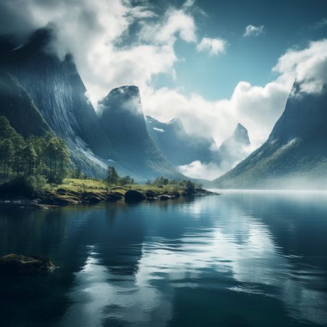 #norge #norway #nordic #fjord #scandinavian #viking #travel #adventure #hiking #climbing #camping #fishing #cruise Norwegian Landscape Painting, Fjord Tattoos, Norge Aesthetic, Bloodsworn Saga, Nordic Fjord, Nordic Scenery, Aesthetic Scandinavia, Norway Fjords Photography, Norway Wallpaper