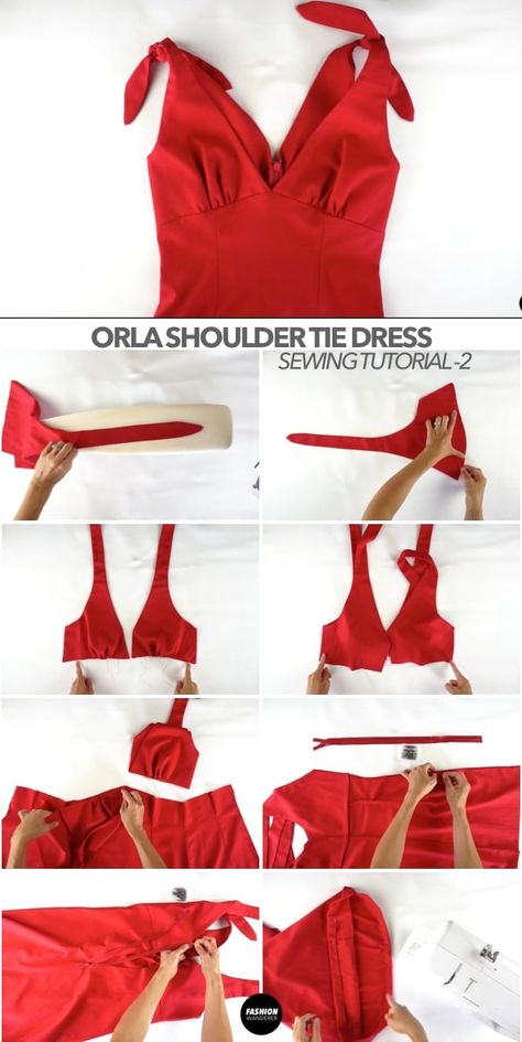 Orla shoulder tie dress tutorial. Download the digital sewing pattern and follow the step by step tutorial for an easy beginner sewing project. Shoulder Tie Dress, Summer Dresses Diy, Diy Clothes Patterns, Cocktail Dress Patterns, Shoulder Strap Dress, Dress Patterns Diy, Simple Summer Dresses, Dress Tutorial, Elegant Cocktail Dress