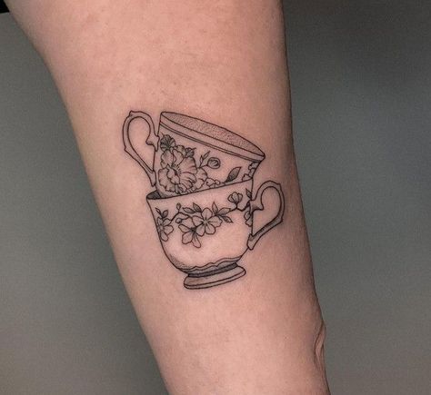 Small Back Of Leg Tattoo, Cute Teacup Tattoo, Stacked Teacup Tattoo, Cute Line Work Tattoos, Teapot And Teacup Tattoo, Tiny Teacup Tattoo, Teacup Tattoo Tiny, Tea Cup Tattoo Vintage, Window Tattoo Simple