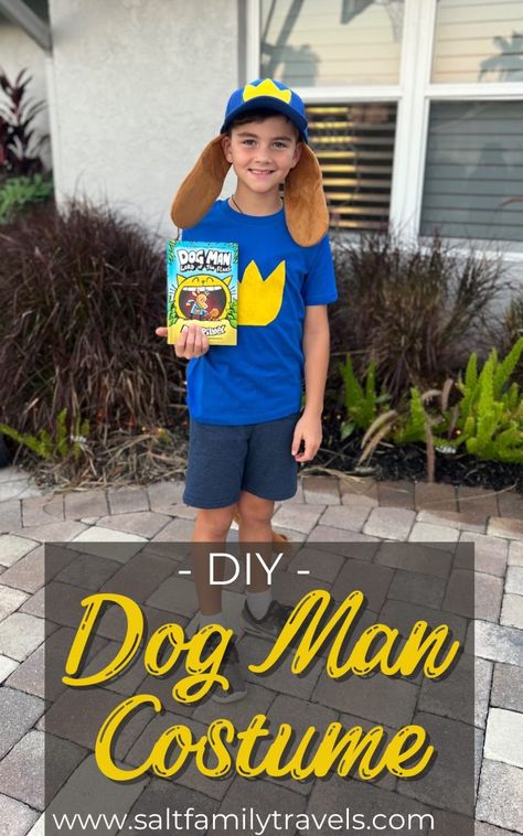 Dog Man Costume DIY - Salt Family Travels Dog Man Costume, Boys Book Character Costumes, Character Day Ideas, Kids Book Character Costumes, Man Halloween Costume, Diy Costumes Men, Storybook Character Costumes, Book Characters Dress Up, Book Character Pumpkins