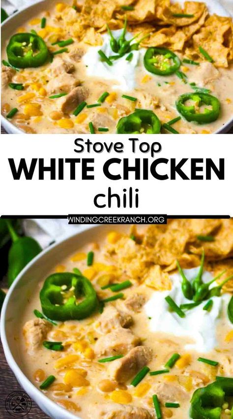 Warm up with this simple White Chicken Chili made on the stove top. This hearty one-pot meal combines tender chicken, white beans, and mild green chiles for a comforting dinner. Learn how to create a creamy, flavorful chili in under an hour. Perfect for busy weeknights or chilly evenings. Chicken Chili Stove Top, Simple White Chicken Chili, Chicken Chili With Cream Cheese, Chili With Cream Cheese, White Chicken Chili Soup, White Chicken Chilli, White Bean Chili Recipe, Easy White Chicken Chili, White Chicken Chili Healthy