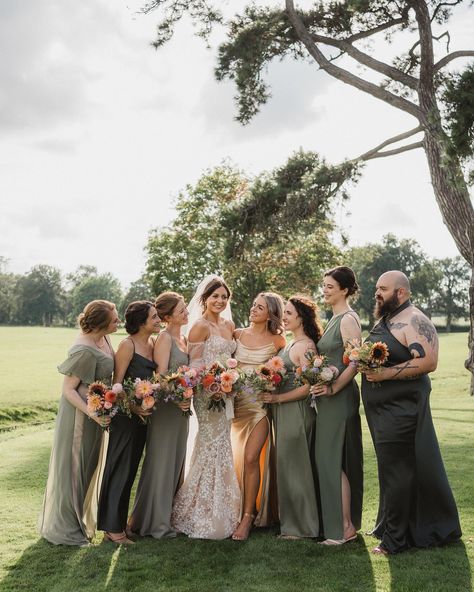 Bride and bridal party, bridesman, green bridesmaid dresses, gold maid of honour dress, wilderness reserve Made Of Honor Dress Maid Of Honour, Gold And Green Bridal Party, Bridal Party Forest Green, Green And Champagne Bridesmaid Dresses, Maid Of Honor Dress Green, Green And Pink Bridesmaid Dresses, Green Maid Of Honor Dress, Green And Gold Bridesmaid Dresses, Gold Maid Of Honor Dress