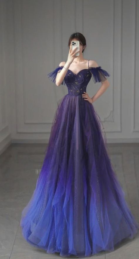 Fantasy Princess Dress Aesthetic Purple, Dark Purple And Blue Prom Dress, High Fashion Ball Gown, Ball Gowns Prom Purple, Blue And Purple Prom Dresses, A Night In Paris Theme Prom Dresses, Galaxy Dress Prom, Galaxy Dress Gowns, Purple And Blue Prom Dress