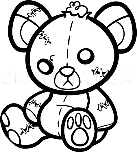 How To Draw A Stitched Teddy Bear, Teddy Bear Tattoo, Step by Step, Drawing Guide, by Dawn | dragoart.com Scary Teddy Bear, Teddy Bear Tattoo, Voodoo Doll Tattoo, Teddy Bear Drawing, Ankle Tat, Panda Coloring Pages, Computer Drawing, Doll Tattoo, Doll Drawing