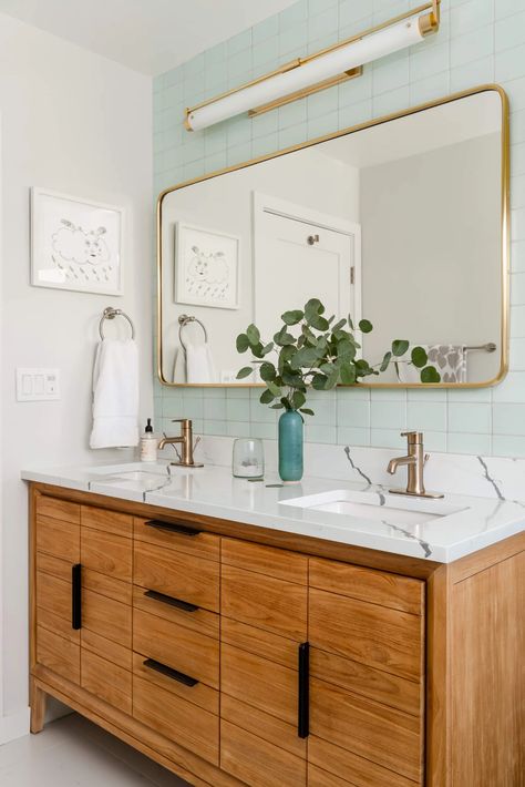 Eastshore Drive | William Adams Design Teak Double Vanity, West Elm Mid Century Double Bathroom Vanity, Modern Bathroom White Tile, Midcentury Modern Bathroom Mirror, Mid Century Modern Double Vanity, Bright Master Bath Ideas, Teak Vanity Bathroom Ideas, Mid Century Modern Primary Bathroom, Small Mid Century Bathroom Ideas