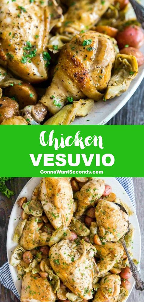 *NEW* Chicken and potatoes are elevated to new heights with chicken Vesuvio! Delectable sauce coats every piece of chicken & potatoes. There's plenty to go around! #ChickenVesuvio #ChickenRecipes #ItalianRecipes Chicken Vesuvio Recipe, Chicken Vesuvio, Italian Comfort Food, Paleo Crockpot, Winner Winner Chicken Dinner, Chicken Potatoes, The Windy City, Savory Recipes, Sunday Dinner