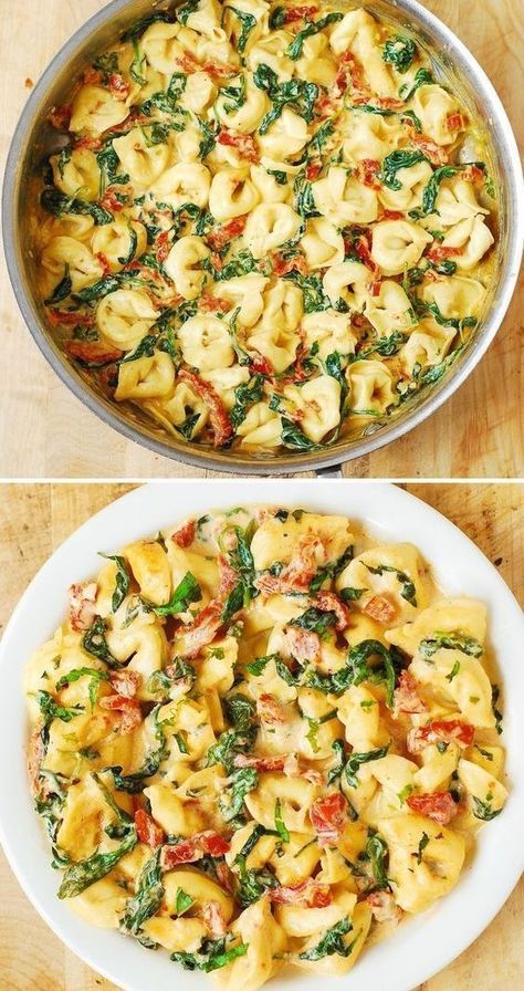 collage of 2 photos - Tortellini with Sun-Dried Tomatoes and Basil Easy Tortellini Recipes, Greek Tortellini, Mozzarella Cheese Sauce, Greek Tortellini Salad, Cheese Tortellini Recipes, Recipes Spinach, Tortellini Recipe, Spinach Tortellini, Tortellini Recipes