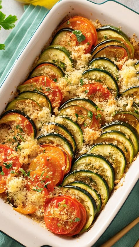 This healthy gratin recipe is a low-carb dish in which thinly sliced zucchinis and tomatoes are layered in a casserole dish and sprinkled with breadcrumbs, garlic and olive oil. This easy zucchini recipe is a perfect side dish, light meal or healthy dinner recipes quick easy healthy. Zucchini Tomato Bake, Tomato Gratin Recipe, Zucchini Tomato Casserole, Tomato Gratin, Zucchini In The Oven, Zucchini And Tomato, Sliced Zucchini, Zucchini Gratin, Easy Zucchini Recipes