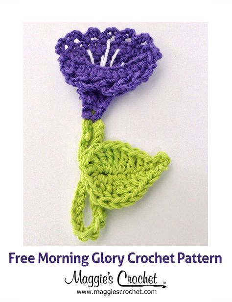 Crochet Morning Glory Free Pattern, Crochet Morning Glory, Free Flower Patterns, Crochet Appliques, Crochet Embellishments, Yarn Flowers, Amazing Crochet, Easy Morning, Crochet Leaves