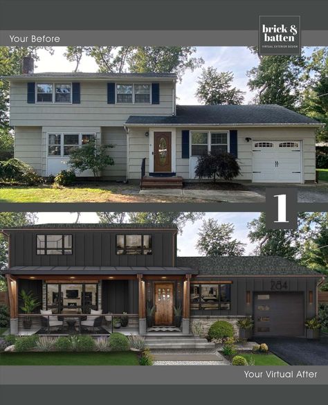 Our designers completely transformed the look of this traditional home with two ideas for a sleek, modern update, both with a darker color palette. Which is your favorite? 1 or 2? 1 renders new vertical siding and trim in Sherwin Williams Caviar with modern ledge stone accents. 2 shows the siding in Benjamin Moore’s Deep Creek with Caviar on the trim. Hand-split shake siding provides gorgeous texture. Both homes feature a new porch, stunning front door, modern garage door, and new windows. Home Siding Design, Deep Creek Benjamin Moore, Benjamin Moore Deep Creek, Front Siding Ideas, Dark Siding Black Windows, Deep Creek Benjamin Moore Exterior, Outside House Paint Colors Ideas Modern, Green Split Level Exterior, Exterior House Colors Split Level