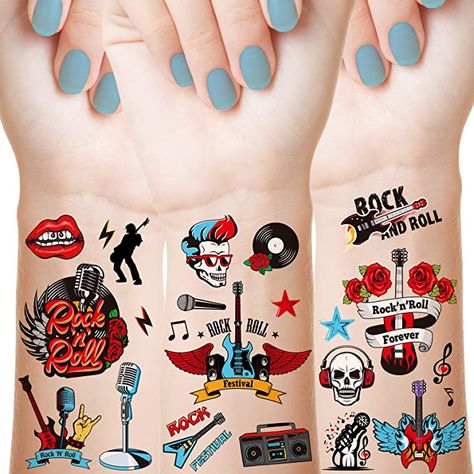 Amazon.com : 18 Sheets Rock and Roll Temporary Tattoos Rock Star Temporary Tattoos Rock and Roll Party Decorations Born to Rock and Roll Temporary Tattoos Punk Rock Fake Temporary Tattoos Party Favors : Beauty & Personal Care Rock Star Party Decorations, Rock And Roll Party Decorations, Rock And Roll Tattoo, Rockstar Tattoo, Microphone Tattoo, Born To Rock, Fake Tattos, Rock N Roll Party, Rock Tattoo