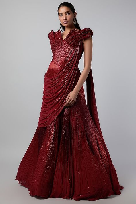 GAURAV GUPTA wishlist Lava Red Georgette Bugle Beads Embroidered Sculpted Gown Saree  $6,269 Gaurav Gupta Saree, Gaurav Gupta Gowns, Gown Saree, Gaurav Gupta, Studded Dress, Bugle Beads, Skirt Top, Lehenga, Saree