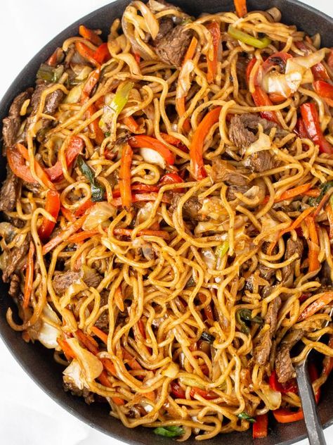 This Yakisoba can be quickly prepared at home with easy step by step instructions. It cooks in under 30 minutes and reheats well. Yakisoba: 焼きそば [jakiꜜsoba]), is a classic Japanese street food that is cooked on a large iron grill. Yakisoba consists of the word Yaki, meaning grilled or fried, and Soba, meaning noodles. Most commonly you will see ramen noodle used in preparation of Yakisoba. Yakisoba Sauce is very easy to prepare. It's just a combination of sugar, soy sauce, oyster sauce, ... Yakisoba Sauce Recipe, Yakisoba Noodles Recipe, Beef Yakisoba, Yakisoba Sauce, Yakisoba Recipe, Chicken Yakisoba, Yakisoba Noodles, Japanese Noodle Dish, Beef Stir Fry Recipes