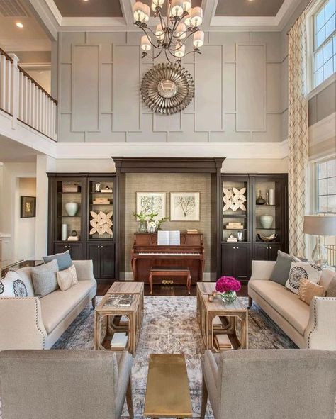 Don't know what to do with your tall walls? Here's a look at 8 methods and 28 ideas for these oversized spaces that will complete the look of your room. Tall Wall Decor, Classic Living Room Design, High Ceiling Living Room, Foyer Decorating, Classic Living Room, Design Salon, High Walls, Family Room Design, Design Living Room