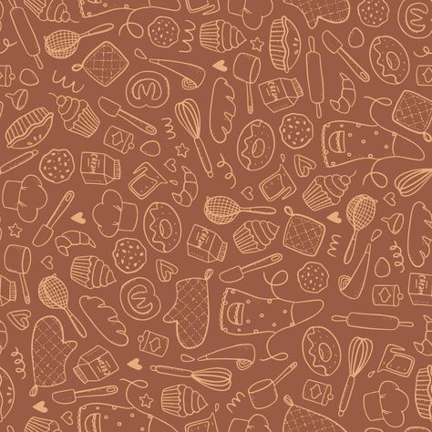 Cute seamless pattern with bakery hand drawn doodles on caramel background. Wrapping paper, textile prints, package, wallpaper, etc. EPS 10 Baking Design Background, Cute Baking Aesthetic Wallpaper, Cookies And Cream Wallpaper, Bakery Background Wallpaper, Bakery Wallpaper Backgrounds, Baking Background Design, Cute Baking Wallpaper, Cooking Background Wallpaper, Cute Food Backgrounds