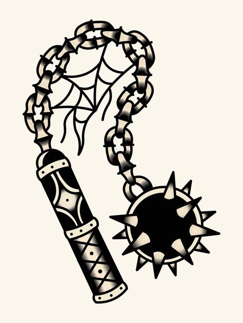 Vector illustration of flail in tattoo style. Black and white tattoo design element. Traditional Flail Tattoo, Flail Tattoo Design, Flail Tattoo, Traditional Tattoo Black And White, Design Quiz, Black And White Tattoo, Traditional Black Tattoo, Vintage Tattoo Art, Vintage Tattoo Design