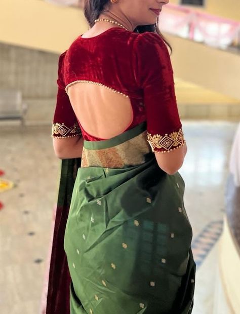 Banasari Blouse Designs, Velvet Blouse Back Neck Designs Latest, Velvet Blouse With Silk Saree, Velvet Blouse Neck Designs, Welwet Blouse Designs Latest, Velvate Blouse Designs, Velvet Blouse Designs Indian Silk Saris, Velvet Blouse Patterns Saree, Velvet Blouse Back Neck Designs