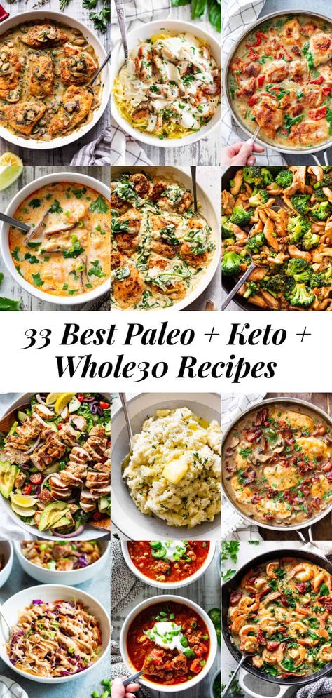 These 30 healthy, nourishing Paleo and Keto recipes are sure to make everyone in the family happy!  Each recipe is grain free,  dairy free, no added sugar, Whole30 and keto friendly, and easy to prep and cook.  #paleo #keto #cleaneating #glutenfree #whole30 Paleo Entertaining Dinners, Whole 30 Entrees, Whole 30 Recipes For A Crowd, Whole30 Keto Recipes, Whole 30 Low Carb, Asian Whole 30 Recipes, Whole30 Potluck Recipes, Whole30 Pasta Recipes, Whole 30 Holiday Recipes