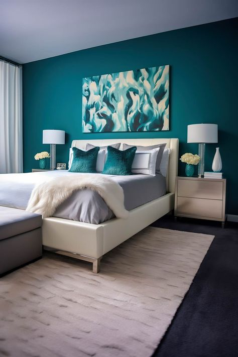 Bedroom Ideas Accent Wall Color Schemes, Teal And White Bedroom Ideas, Teal Bedroom Color Schemes, Teal And White Bedroom, Teal Bedroom Designs, Teal Bedroom Walls, Teal And Gray Bedroom, Teal Bedroom Decor, Teal Rooms