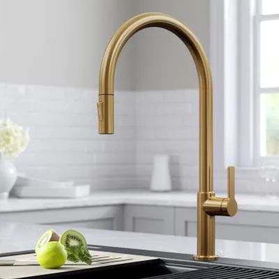 Oletto High-Arc Single-Handle Pull-Down Sprayer Kitchen Faucet in Brushed Brass Pull Down Kitchen Faucet, Cleaning Faucets, Kitchen Faucet With Sprayer, Brass Kitchen Faucet, House Vibes, Single Handle Kitchen Faucet, Brass Kitchen, Gold Kitchen, Champagne Bronze