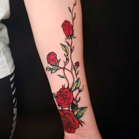 forearm rose vine tattoos yoantattoos Flower Vine Tattoo Color, Rose Vine Tattoos Thigh, Coloured Rose Tattoos For Women, Rose On Vine Tattoo, Climbing Rose Tattoo For Women, Rose Vine Forearm Tattoo, Red Rose Arm Tattoo, Rose Vine Tattoo Arm For Women, Rose And Vines Tattoo