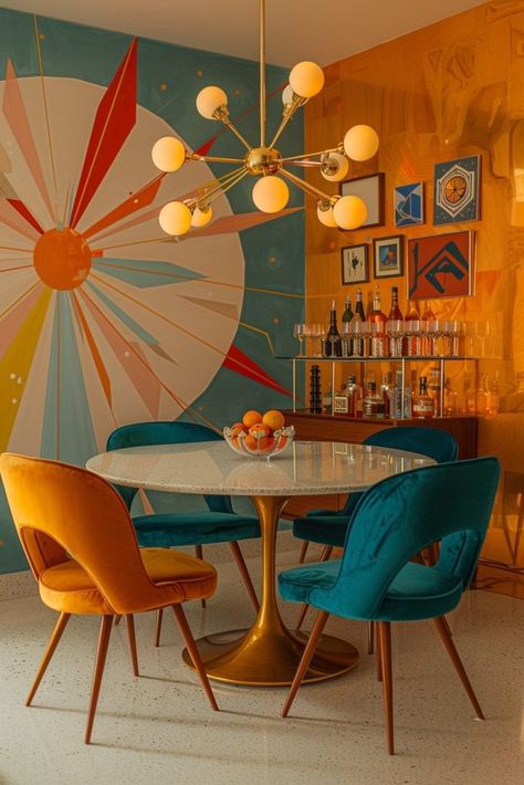 29 Mid Century Modern Decor Ideas to Elevate Your Style 2 Funky Retro Dining Room, Space Age Mid Century, Atomic Retro Decor, Atomic Interior Design, Space Age Interior Mid Century Modern, Mid Century Interior Design 1950s, Atomic Interior, Mid Century Modern Decor Ideas, Retro Eclectic Decor