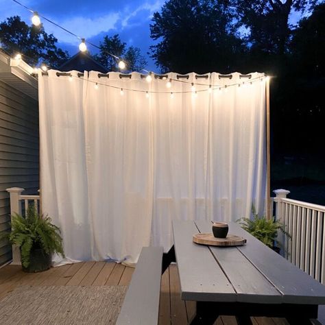 Backyard Curtains Privacy Screens, Patio Privacy Curtains Outdoor, Privacy Curtains For Deck, Diy Floating Curtains Outdoor, Inexpensive Privacy Screen Outdoor, Diy Privacy Curtains Outdoor Spaces, Floating Curtains Outdoor, Deck Privacy Curtains, Outdoor Privacy Ideas Inexpensive