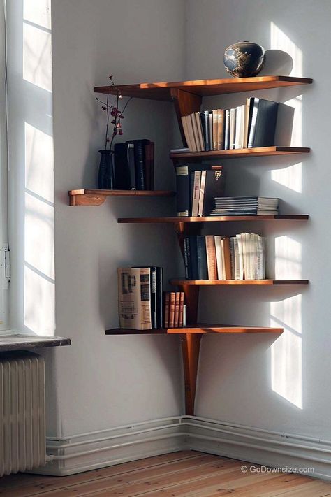 You can jazz up your reading nook by bringing in a geometric bookshelf that’s not only sleek but also super practical. Book Shelves Corner Wall, Shelves For Books Wall, Wall Shelves Corner, Corner Library Nook, Book Shelf Corner, Corner Of A Room, Floating Bookshelf Corner, Corner Bookshelf Aesthetic, Corner Book Shelves