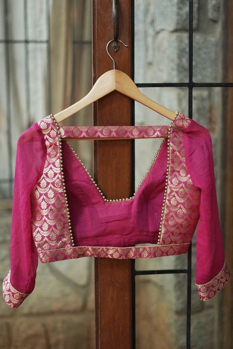 hot,pink,deep neck blouse design Sew Outfits, Clothes Transformation, Brocade Blouse Designs, 50 Blouse Designs, Banarasi Brocade, Blouse Designs Catalogue, Backless Blouse Designs, New Saree Blouse Designs, Brocade Blouse