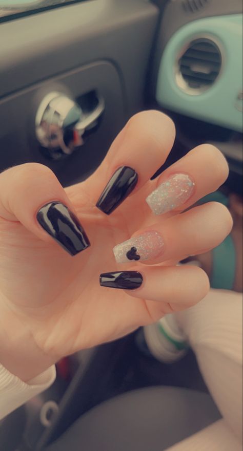 Disney Nails With French Tip, Disneyland Nails Acrylics Simple, Black Disney Nails Acrylic, Disney Nail Designs Black, Blue Mickey Nails, Cute Nails For Florida, Disney Coffin Nails, Disneyland Acrylic Nails, Disney Nails Acrylic Square