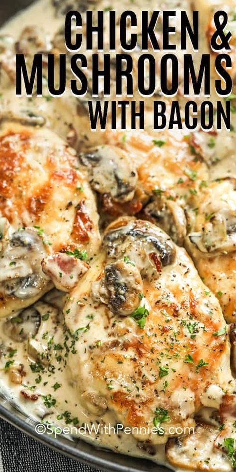 Chicken and Mushrooms paired with a creamy base make the most incredible pasta sauce.  In this recipe, tender juicy chicken breasts are cooked in a rich and creamy mushroom and bacon sauce that is ready in under 30 minutes. #spendwithpennies #mushroomchicken #chickenandmushrooms #chickenwithmushroomsauce #chickenmushroompasta #creamysauce #easydinner #withbacon Creamy Chicken And Mushrooms, Mushrooms Sauteed, Rice Meals, Chicken And Mushrooms, Bacon Sauce, Chicken Mushrooms, Bacon Stuffed Mushrooms, Chic Chic, Chicken Dinners