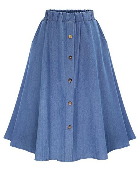 Shop Elastic Waist Denim Flare Skirt With Buttons online. SheIn offers Elastic… Long Skater Skirt, Boho Chic Skirts, Long Blue Skirts, Flared Denim Skirt, Light Blue Skirts, Blue Solid Color, Long A Line Skirt, Button Front Denim Skirt, Blue Pleated Skirt