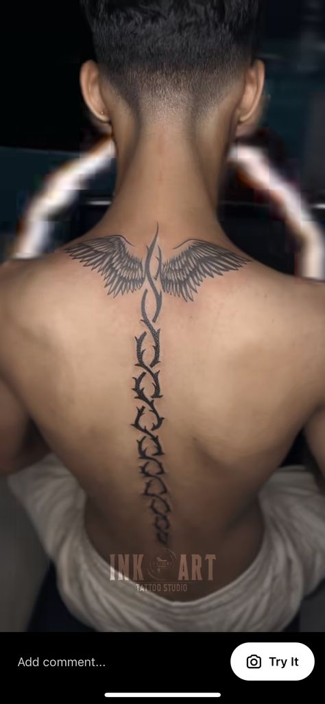 Back Tats Men Spine, Men Back Tattoos Ideas Guys, Spine Tattoo Men Ideas Design, Men’s Spine Tattoos, Back Tattoo Men Spine, Back Spine Tattoos Men, Nordic Back Tattoo, Back Tattoo Men Ideas, Spinal Tattoo For Men