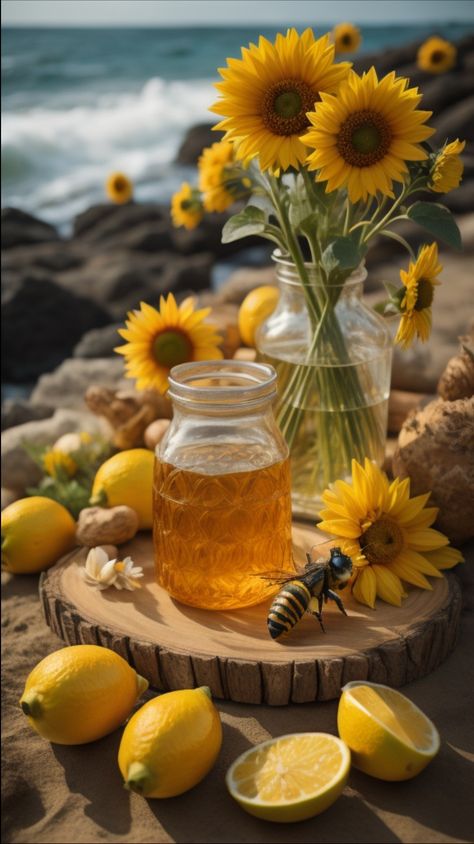 It is an AI generated image. Sunflowers in a pitcher and honey in a glass jar on a large wooden board or coaster. There is a large bee on the coaster as well, near a fallen sunflower. The wooden board is also surrounded by lemons. The ocean and rocks and boulders are in the background. Summer Solstice Party Aesthetic, Litha Aesthetic Pagan, Litha Altar Summer Solstice, Summer Witch Aesthetic, Summer Solstice Aesthetic, Litha Aesthetic, Litha Celebration, Autumn Solstice, Solar Witch