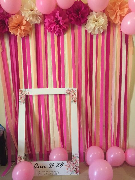 DIY photo backdrop for my friend's 28th birthday party. Happy that it turned out nicely! Girly Backdrop Photo Booths, Diy Photo Backdrop Birthday, 28th Birthday Party, Birthday Backdrop Ideas, Photo Backdrop Birthday, Cheap Party Decorations, Diy Birthday Backdrop, 50th Birthday Party Decorations, Diy Photo Backdrop