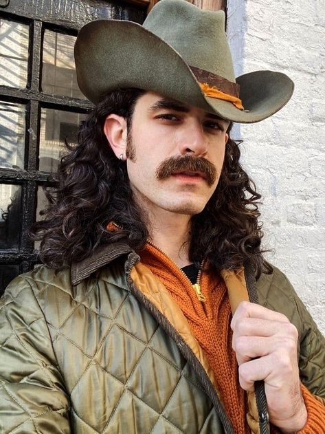 Men With Long Hair And Mustache, Long Hair And Mustache, Long Hair Mustache, Guy Compliments, Cowboy Reference, Curly Mustache, Thick Mustaches, Moustache Style, Beard And Mustache Styles