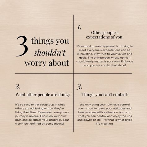 In a world filled with constant noise and pressure, it’s easy to get lost in the chaos of expectations and comparisons. But what if you could reclaim your peace of mind by simply shifting your focus? Imagine how freeing it would feel to let go of worries that don’t serve you. Today, let’s dive into 3 things you shouldn’t worry about to help you embrace a more balanced and joyful life. What Other People Are Doing: It’s so easy to get caught up in what others are achieving or how they’re li... Let Go Of Comparison, Wellness Ideas, Joyful Life, Mindfulness Exercises, Balanced Life, Relaxation Techniques, Busy Lifestyle, Your Values, The Chaos