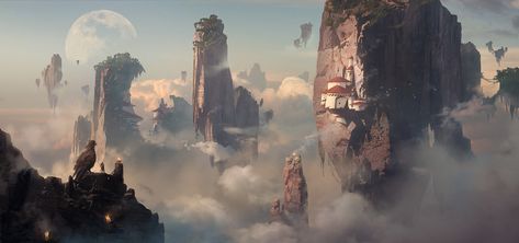 Flying islands on Behance Flying Island Art, Sky Islands, Flying Island, Epic Backgrounds, Floating Islands, Building Inspiration, My Fantasy World, Island Art, Nice Art